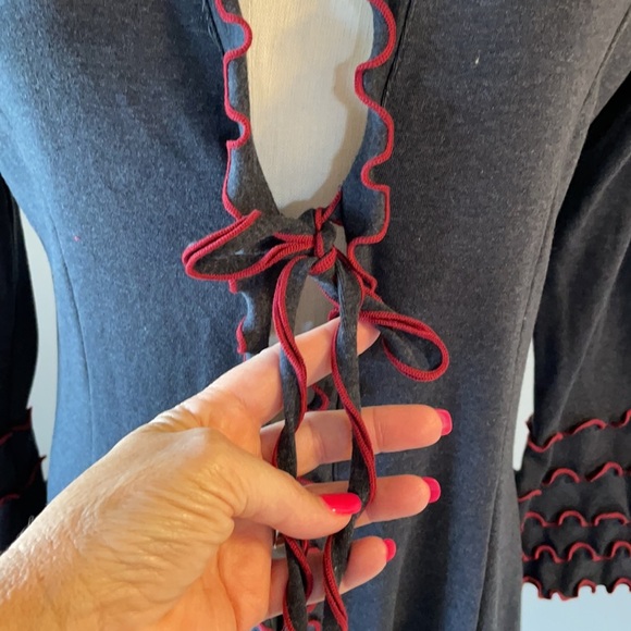 LAURA HLAVAC super stretch rib knit RUFFLE CARDIGAN tie front charcoal grey SM - Picture 5 of 12